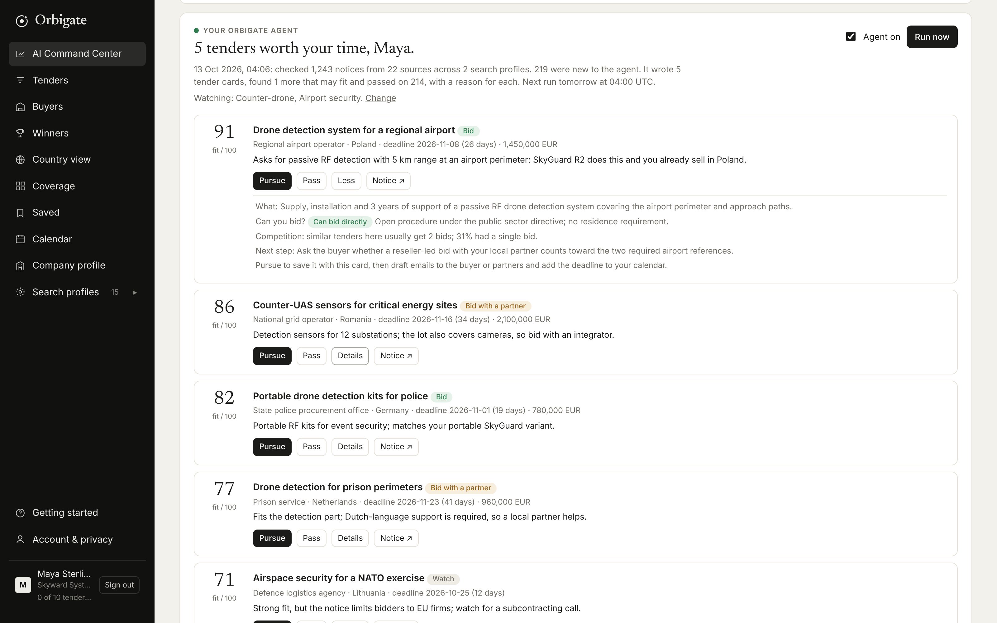 The AI Command Center: the agent's morning briefing with 5 tenders worth your time, each with a fit score, a recommendation and Pursue or Pass