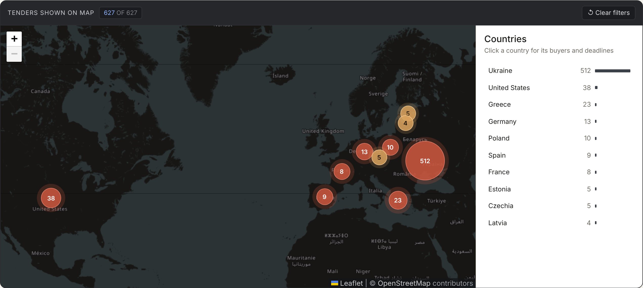 Country view: open tenders on a map of Europe and North America